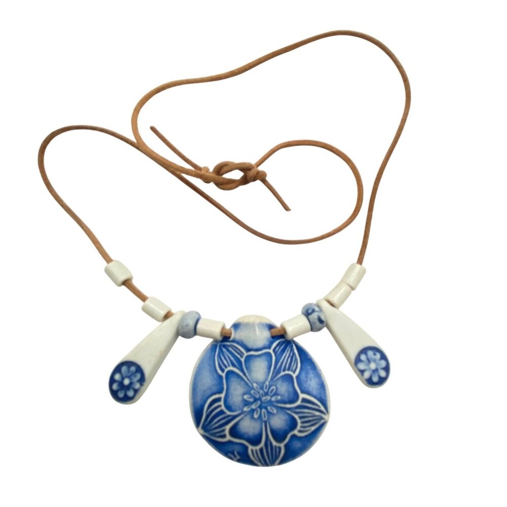 Blue White Ceramic Floral Pendant Necklace Adj Brown Suede Cord 24" Cottagecore - Picture 2 of 6
